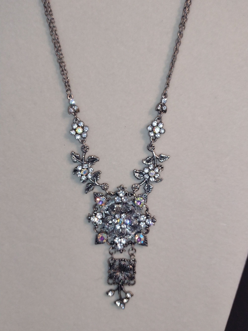 Silver Floral Crystal Statement Necklace - Sparkling Silver Tone